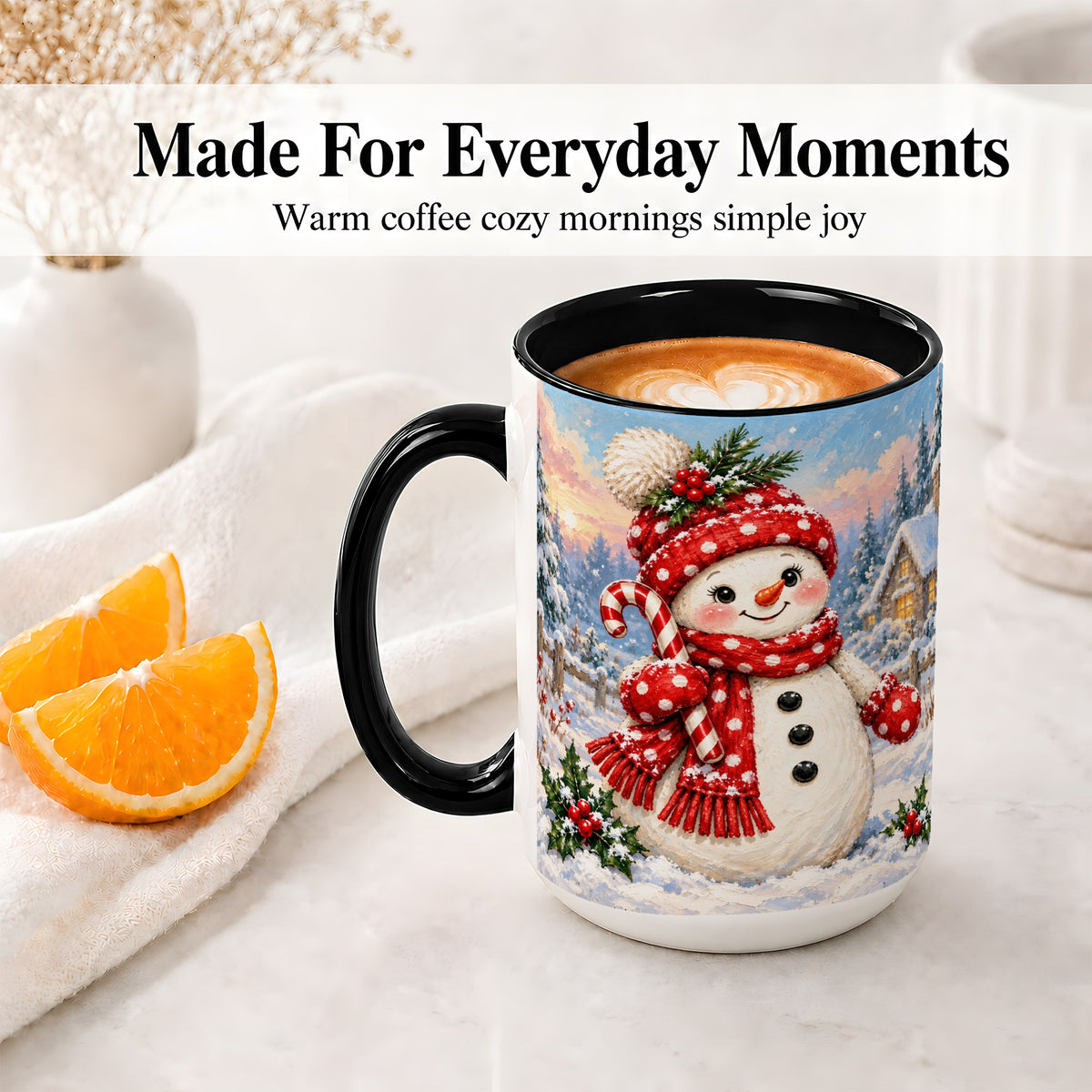 #pl[15oz|Black] Cute Christmas Snowman Accent Mug, Ceramic Winter Coffee Cup