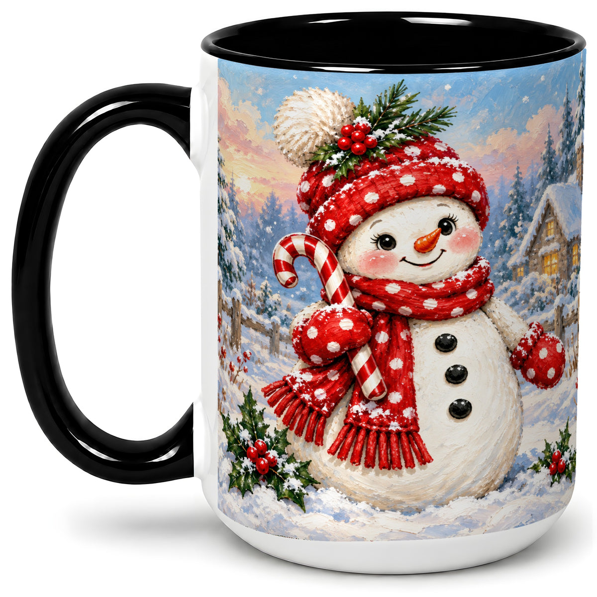 #pl[15oz|Black] Cute Christmas Snowman Accent Mug, Ceramic Winter Coffee Cup