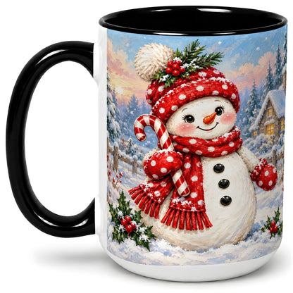 #pl[15oz|Black] Cute Christmas Snowman Accent Mug, Ceramic Winter Coffee Cup