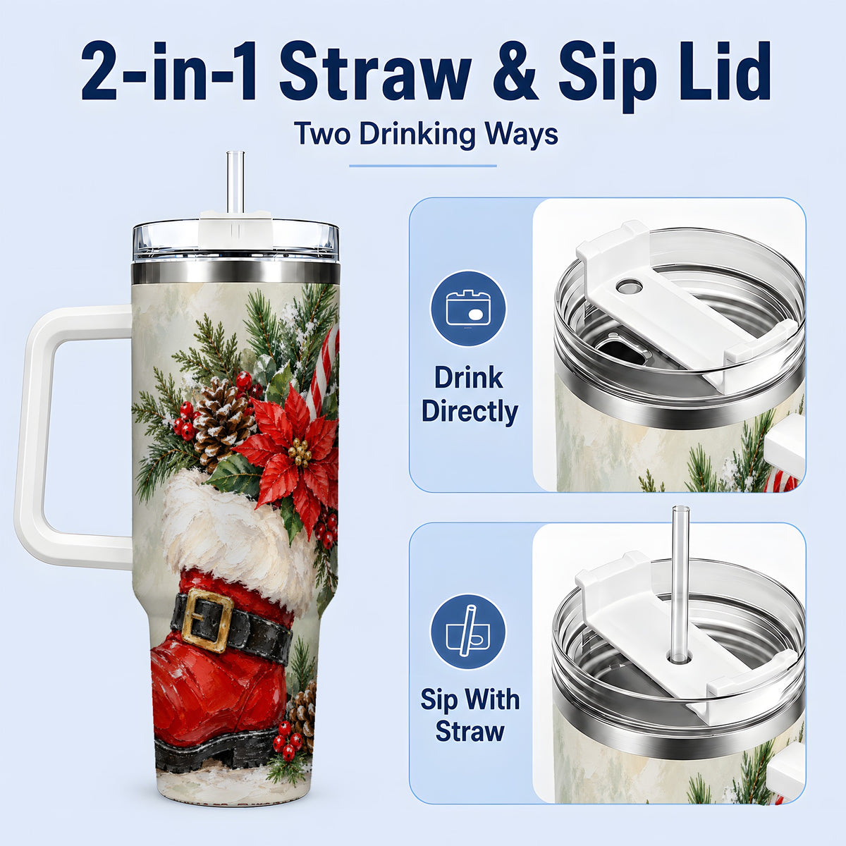#pl[40oz|White] Santa Boot Christmas Tumbler, 40oz Stainless Steel Festive Drinkware