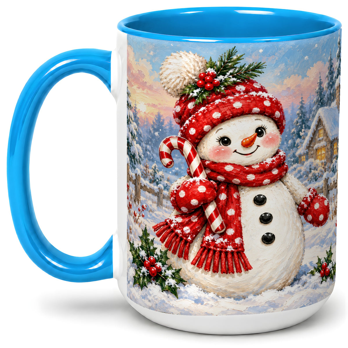 #pl[15oz|Blue] Cute Christmas Snowman Accent Mug, Ceramic Winter Coffee Cup