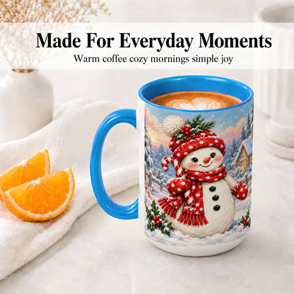 #pl[15oz|Blue] Cute Christmas Snowman Accent Mug, Ceramic Winter Coffee Cup