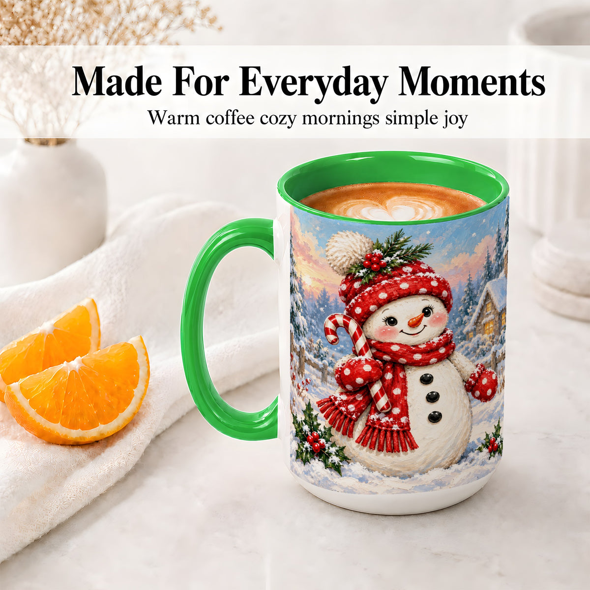 #pl[15oz|Green] Cute Christmas Snowman Accent Mug, Ceramic Winter Coffee Cup