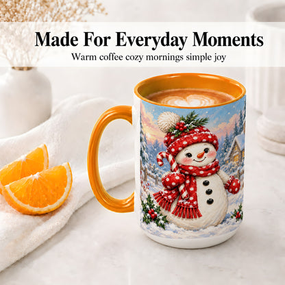 #pl[15oz|Orange] Cute Christmas Snowman Accent Mug, Ceramic Winter Coffee Cup