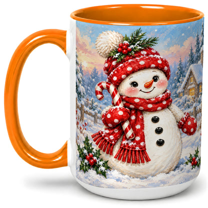 #pl[15oz|Orange] Cute Christmas Snowman Accent Mug, Ceramic Winter Coffee Cup