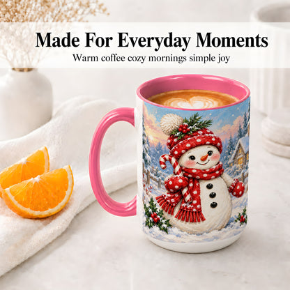 #pl[15oz|Pink] Cute Christmas Snowman Accent Mug, Ceramic Winter Coffee Cup