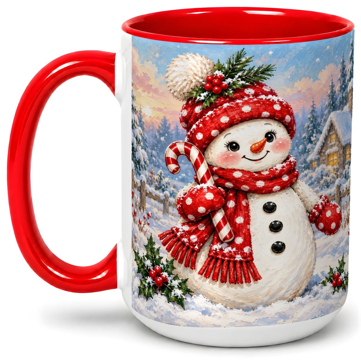 #pl[15oz|Red] Cute Christmas Snowman Accent Mug, Ceramic Winter Coffee Cup