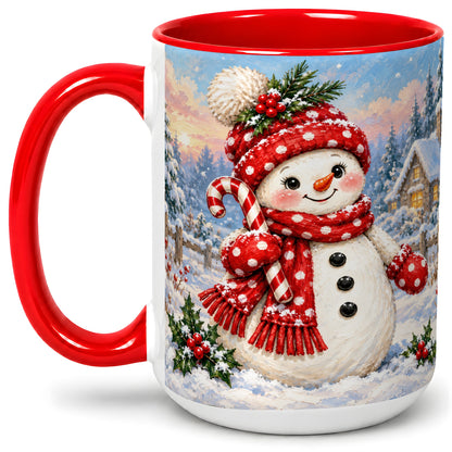 #pl[15oz|Red] Cute Christmas Snowman Accent Mug, Ceramic Winter Coffee Cup