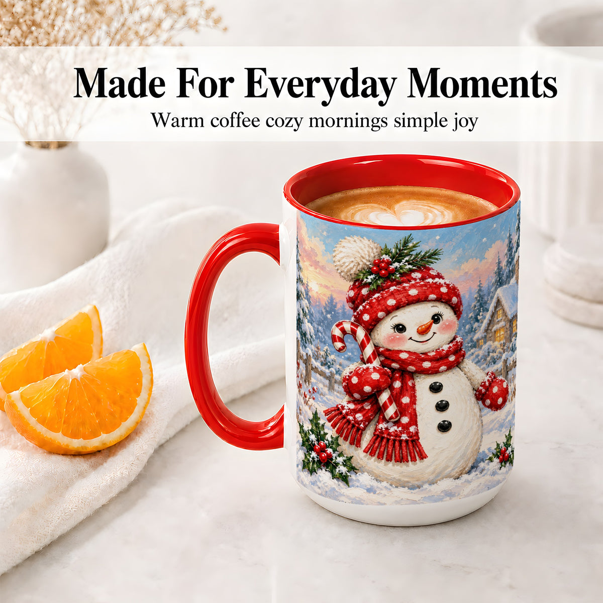 #pl[15oz|Red] Cute Christmas Snowman Accent Mug, Ceramic Winter Coffee Cup