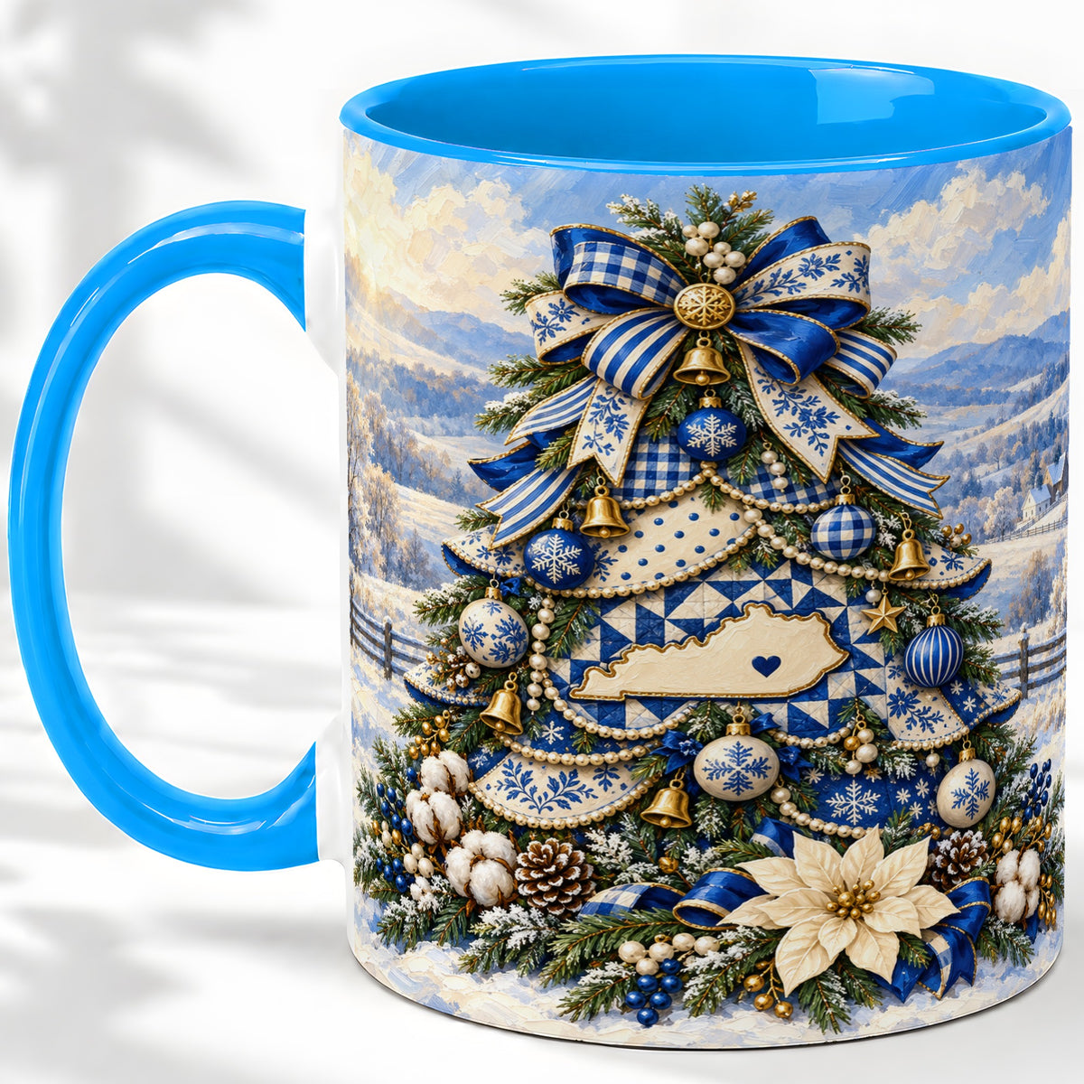 #pl[11oz|Blue] Kentucky Christmas Tree Accent Mug, Ceramic Blue Holiday Coffee Cup