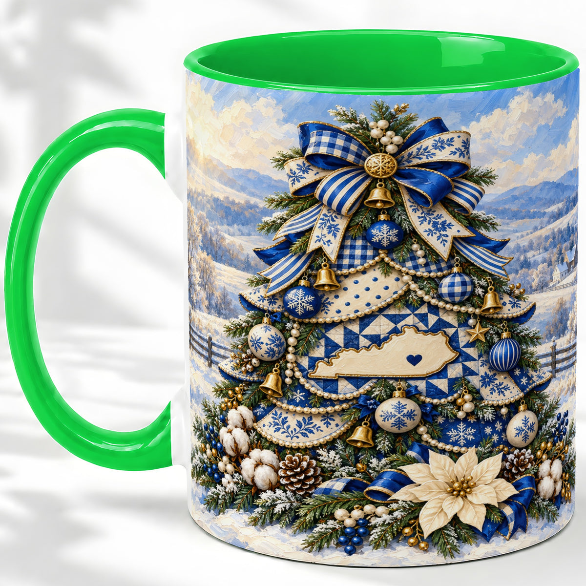 #pl[11oz|Green] Kentucky Christmas Tree Accent Mug, Ceramic Blue Holiday Coffee Cup