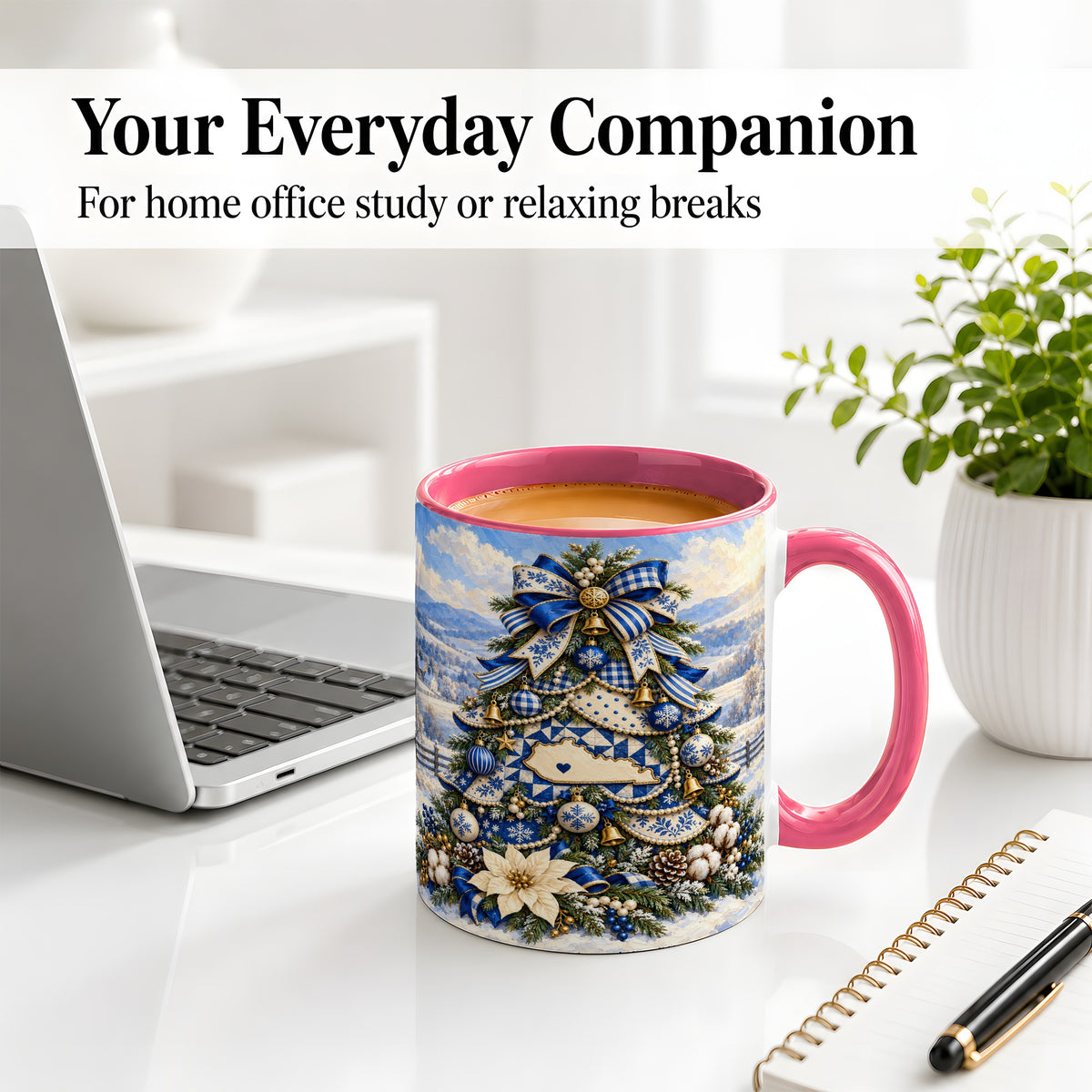 #pl[11oz|Pink] Kentucky Christmas Tree Accent Mug, Ceramic Blue Holiday Coffee Cup