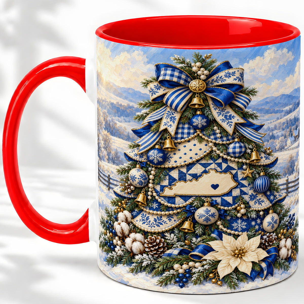 Kentucky Christmas Tree Accent Mug, Ceramic Blue Holiday Coffee Cup
