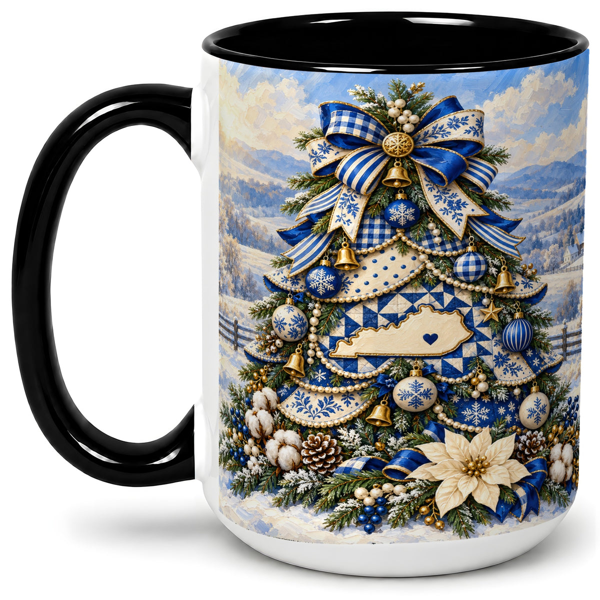 #pl[15oz|Black] Kentucky Christmas Tree Accent Mug, Ceramic Blue Holiday Coffee Cup