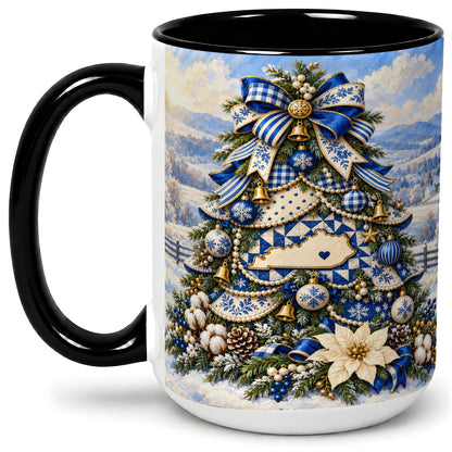 #pl[15oz|Black] Kentucky Christmas Tree Accent Mug, Ceramic Blue Holiday Coffee Cup