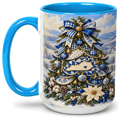 #pl[15oz|Blue] Kentucky Christmas Tree Accent Mug, Ceramic Blue Holiday Coffee Cup