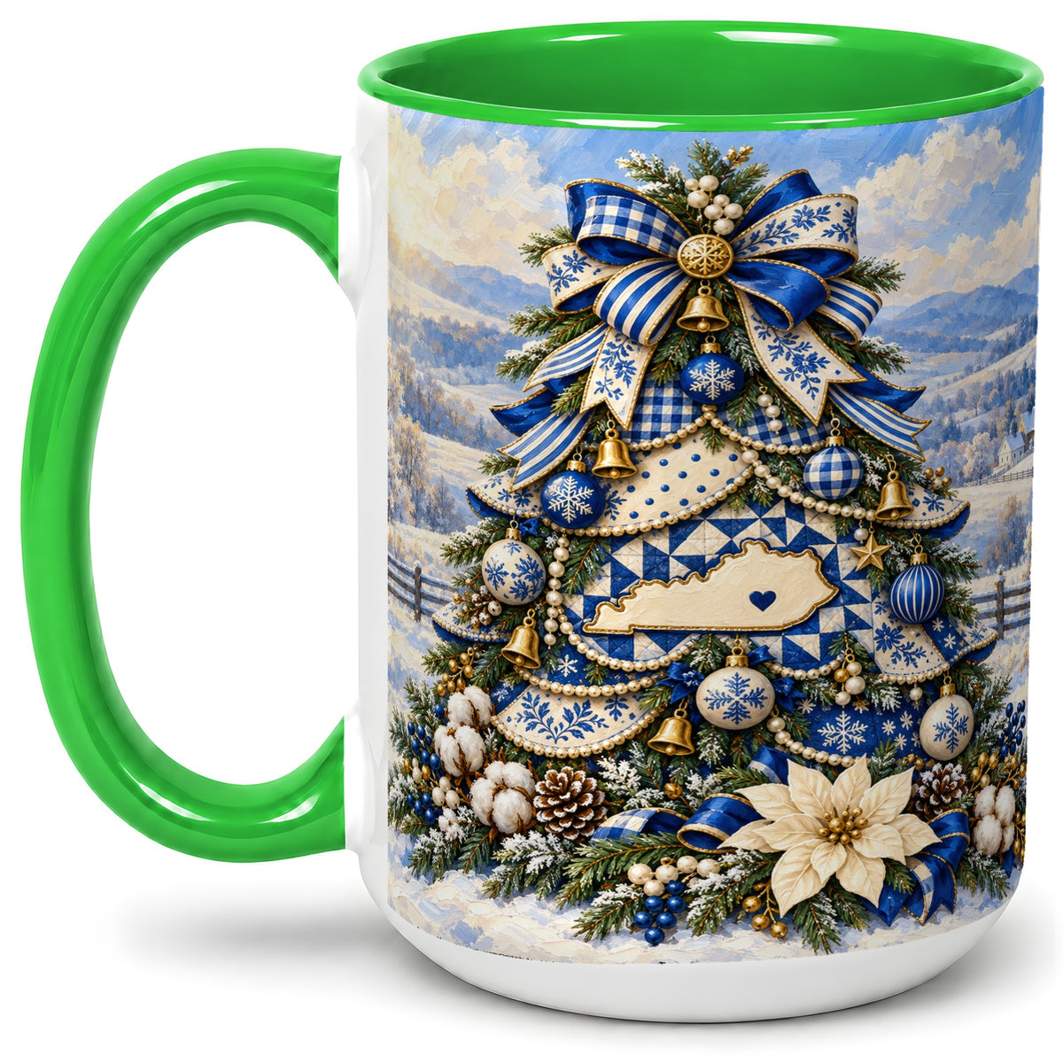 #pl[15oz|Green] Kentucky Christmas Tree Accent Mug, Ceramic Blue Holiday Coffee Cup