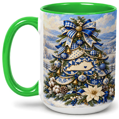 #pl[15oz|Green] Kentucky Christmas Tree Accent Mug, Ceramic Blue Holiday Coffee Cup