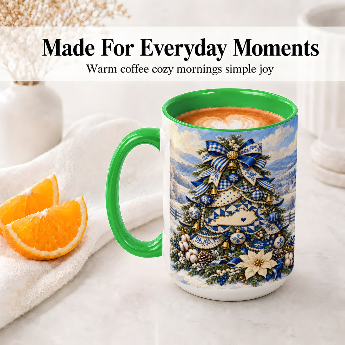 #pl[15oz|Green] Kentucky Christmas Tree Accent Mug, Ceramic Blue Holiday Coffee Cup