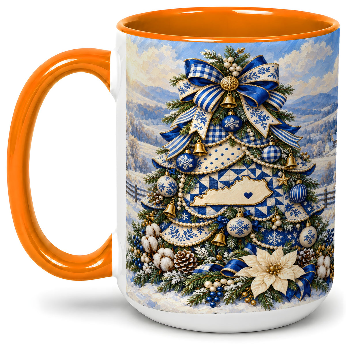 #pl[15oz|Orange] Kentucky Christmas Tree Accent Mug, Ceramic Blue Holiday Coffee Cup