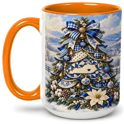 #pl[15oz|Orange] Kentucky Christmas Tree Accent Mug, Ceramic Blue Holiday Coffee Cup