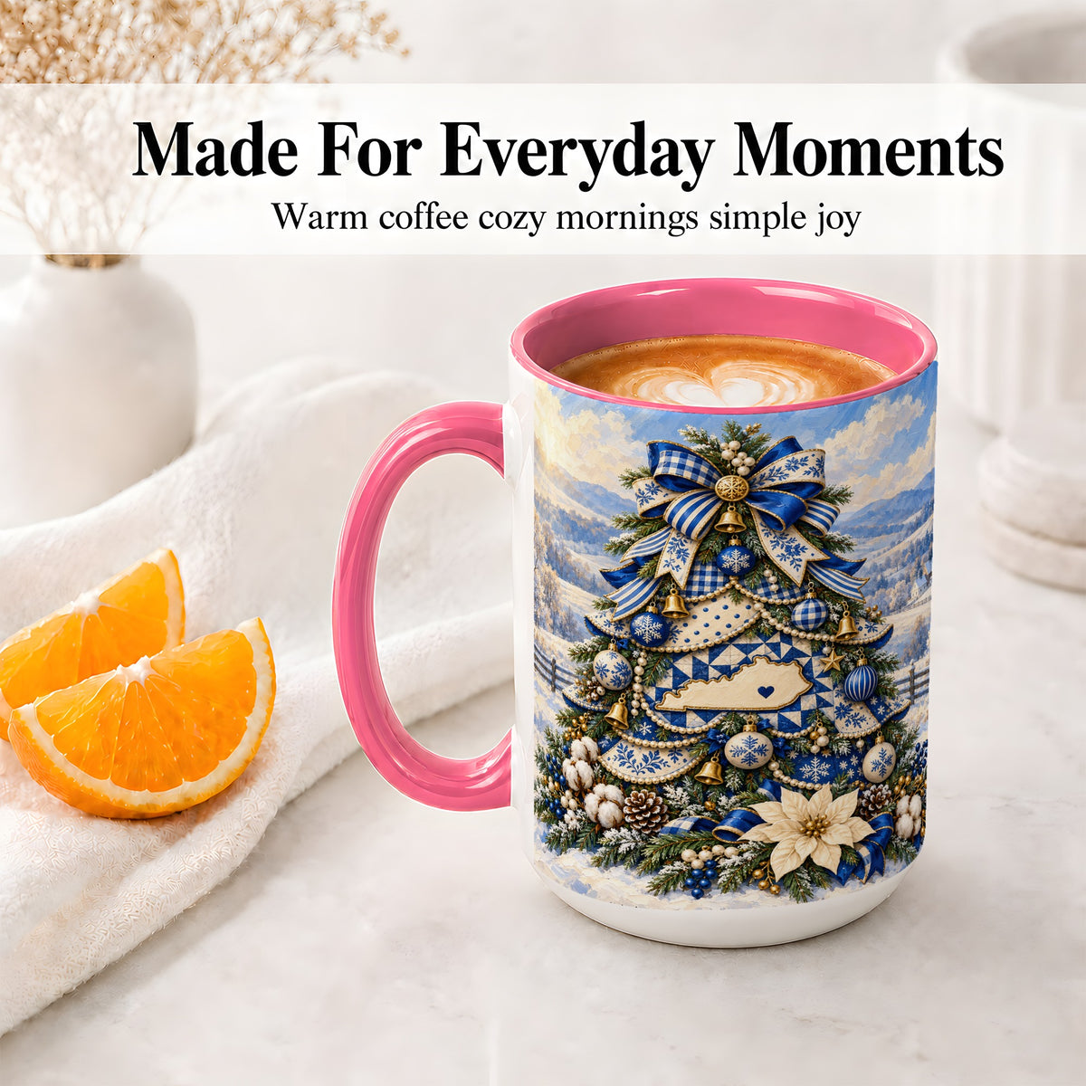 #pl[15oz|Pink] Kentucky Christmas Tree Accent Mug, Ceramic Blue Holiday Coffee Cup