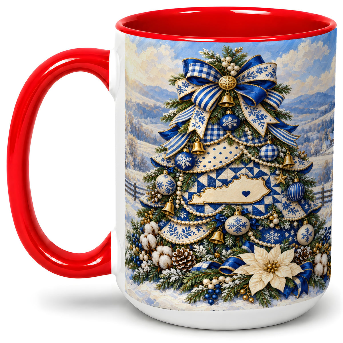 #pl[15oz|Red] Kentucky Christmas Tree Accent Mug, Ceramic Blue Holiday Coffee Cup