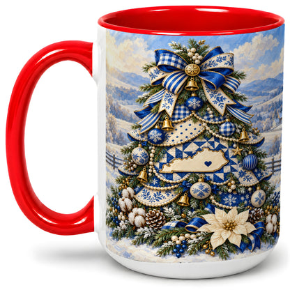 #pl[15oz|Red] Kentucky Christmas Tree Accent Mug, Ceramic Blue Holiday Coffee Cup