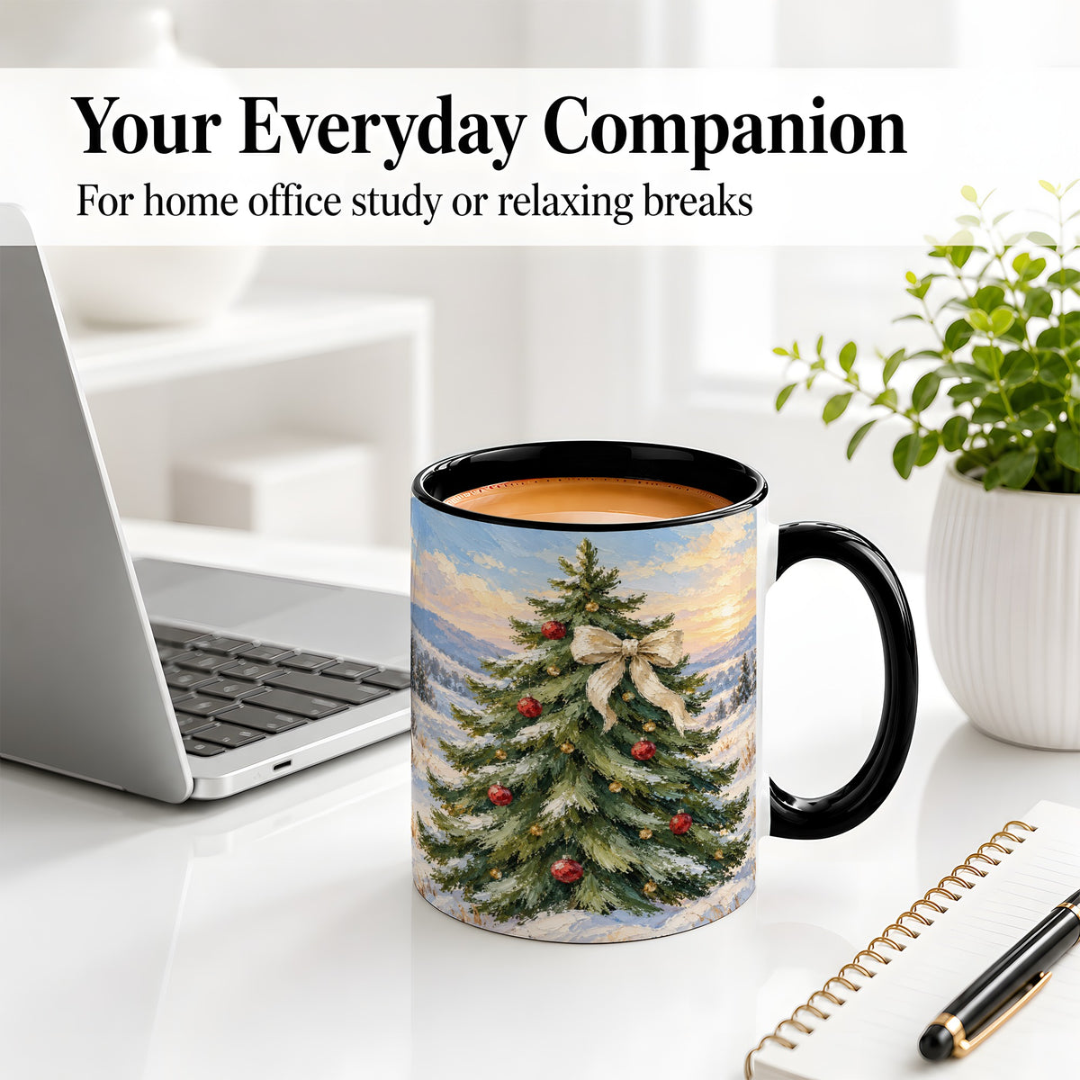 #pl[11oz|Black] Rustic Christmas Tree Accent Mug, Ceramic White Bow Coffee Cup