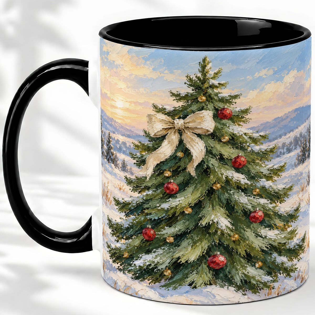 #pl[11oz|Black] Rustic Christmas Tree Accent Mug, Ceramic White Bow Coffee Cup