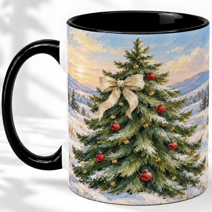 #pl[11oz|Black] Rustic Christmas Tree Accent Mug, Ceramic White Bow Coffee Cup