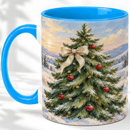 #pl[11oz|Blue] Rustic Christmas Tree Accent Mug, Ceramic White Bow Coffee Cup