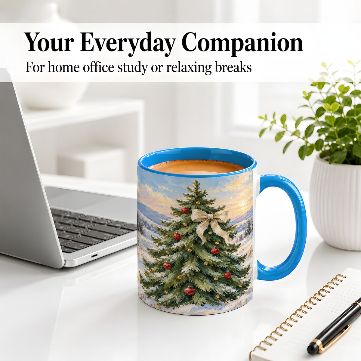 #pl[11oz|Blue] Rustic Christmas Tree Accent Mug, Ceramic White Bow Coffee Cup