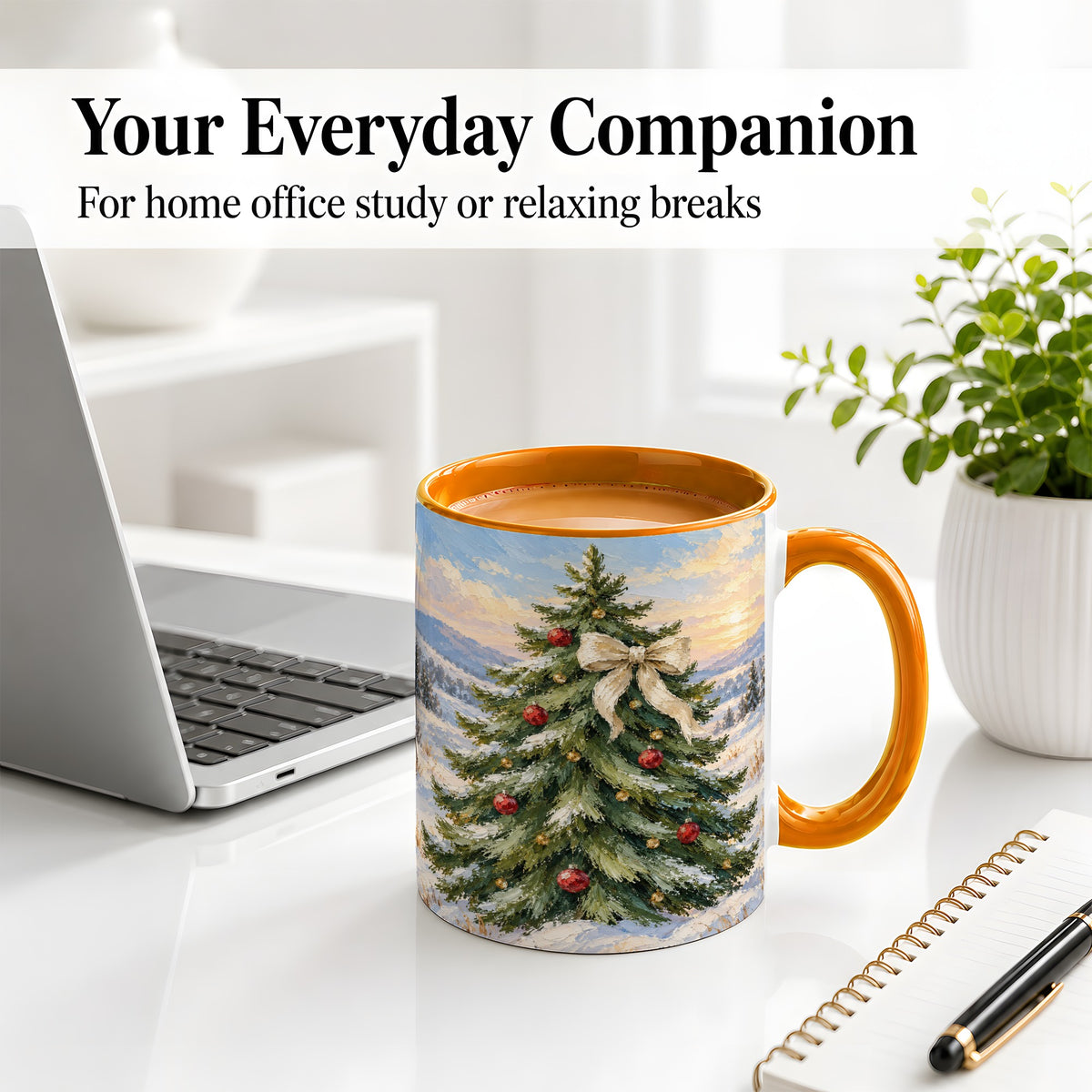 #pl[11oz|Orange] Rustic Christmas Tree Accent Mug, Ceramic White Bow Coffee Cup