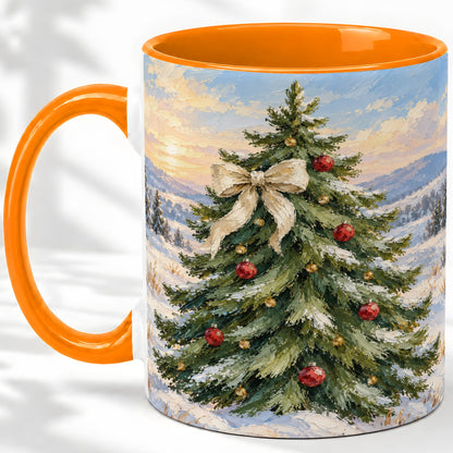 #pl[11oz|Orange] Rustic Christmas Tree Accent Mug, Ceramic White Bow Coffee Cup