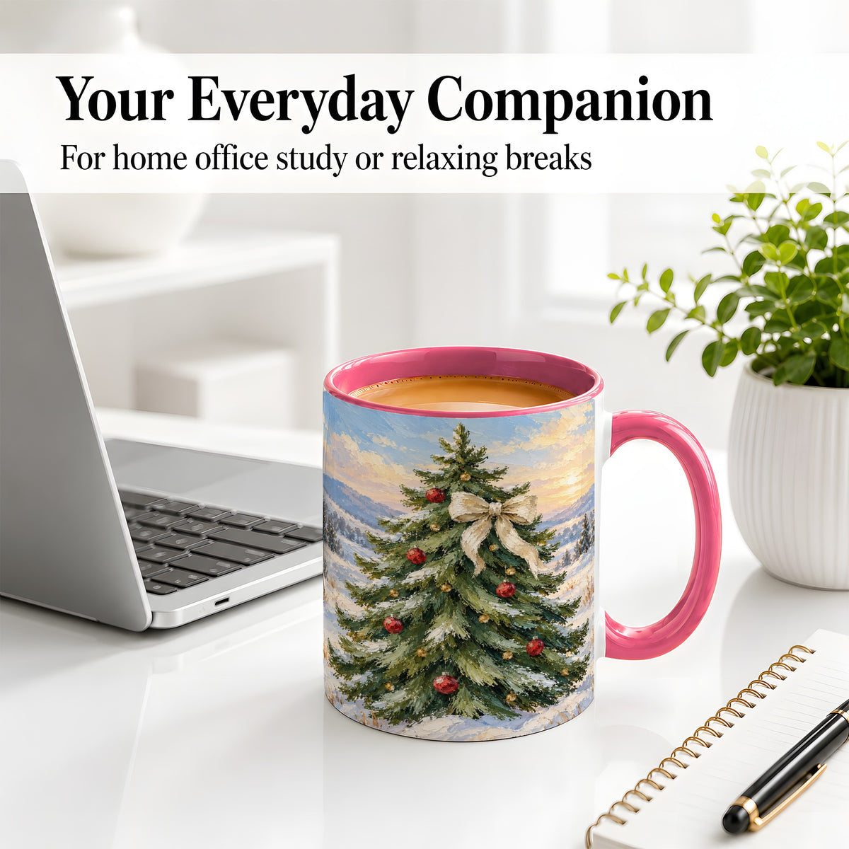 #pl[11oz|Pink] Rustic Christmas Tree Accent Mug, Ceramic White Bow Coffee Cup