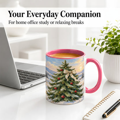 #pl[11oz|Pink] Rustic Christmas Tree Accent Mug, Ceramic White Bow Coffee Cup