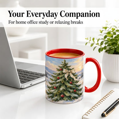 #pl[11oz|Red] Rustic Christmas Tree Accent Mug, Ceramic White Bow Coffee Cup