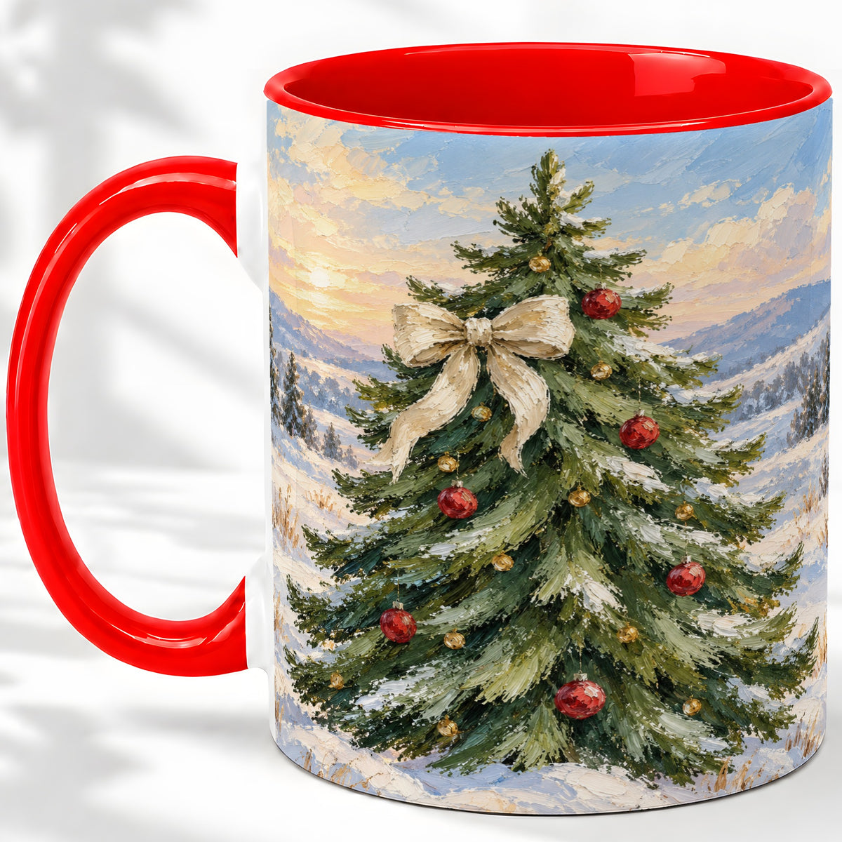 Rustic Christmas Tree Accent Mug, Ceramic White Bow Coffee Cup