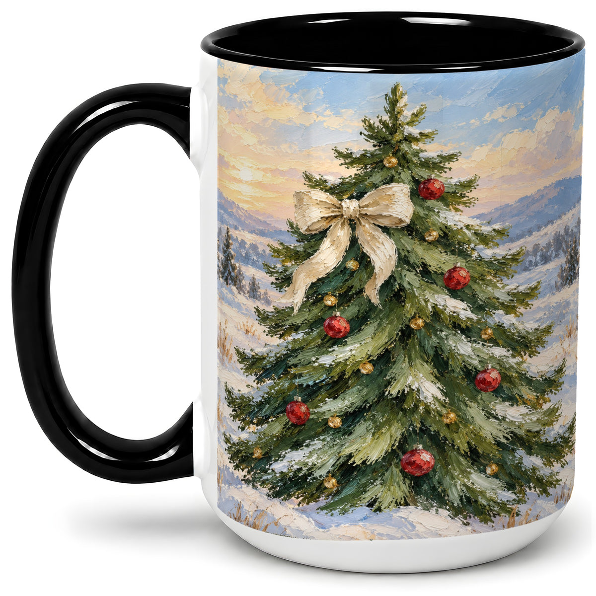 #pl[15oz|Black] Rustic Christmas Tree Accent Mug, Ceramic White Bow Coffee Cup