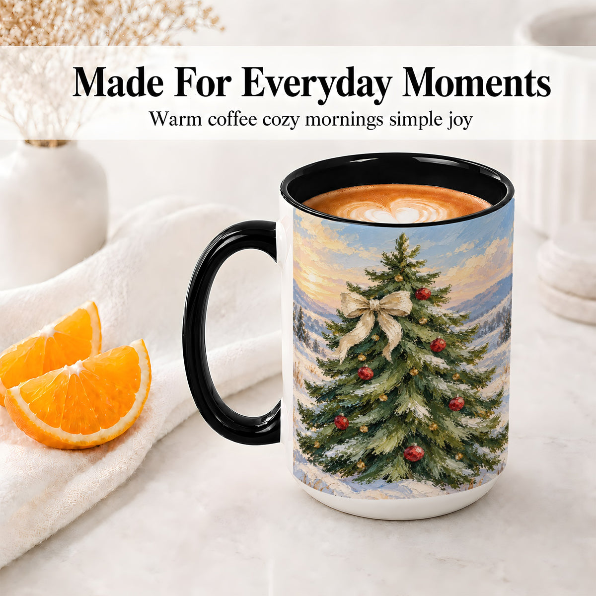 #pl[15oz|Black] Rustic Christmas Tree Accent Mug, Ceramic White Bow Coffee Cup