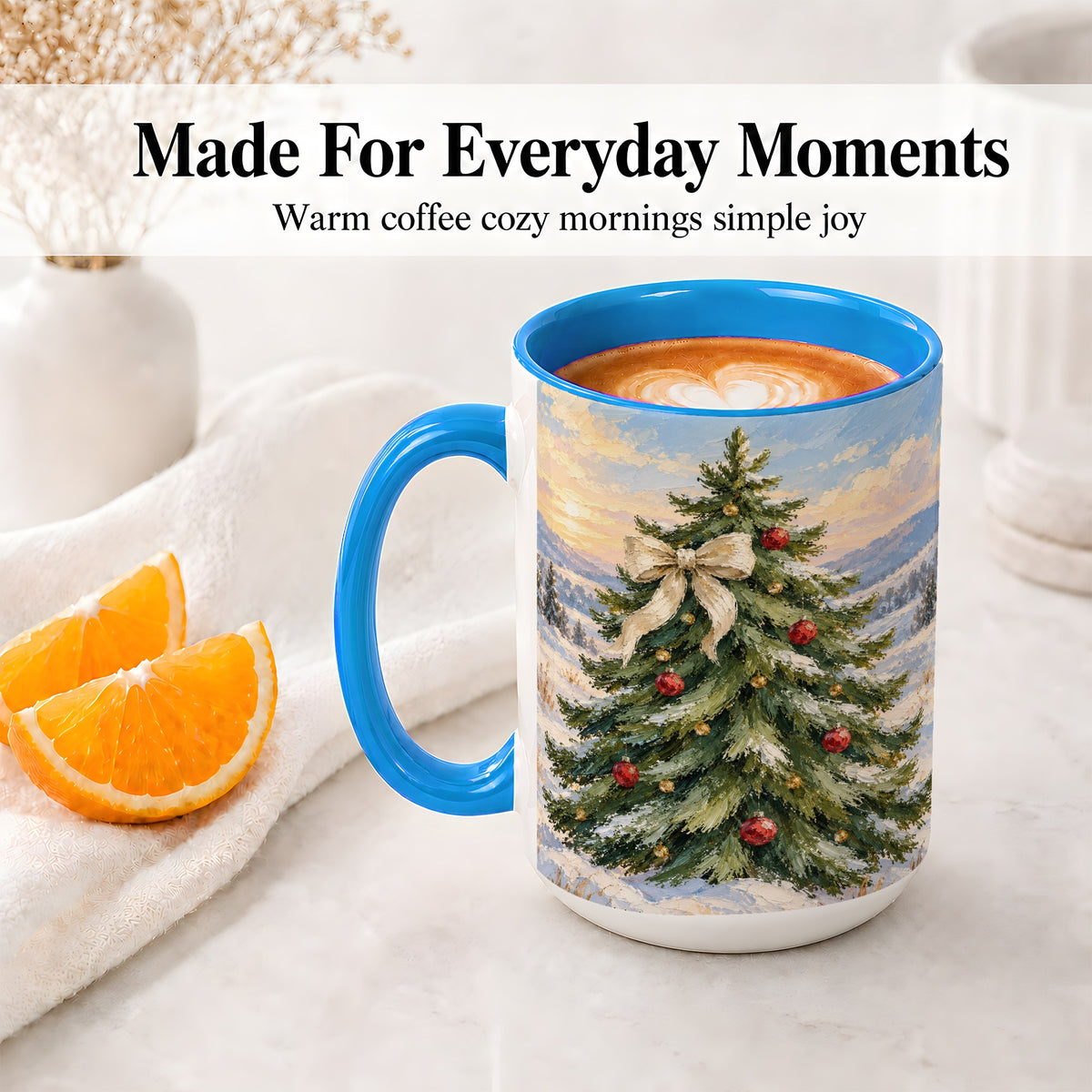 #pl[15oz|Blue] Rustic Christmas Tree Accent Mug, Ceramic White Bow Coffee Cup