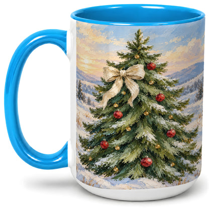#pl[15oz|Blue] Rustic Christmas Tree Accent Mug, Ceramic White Bow Coffee Cup