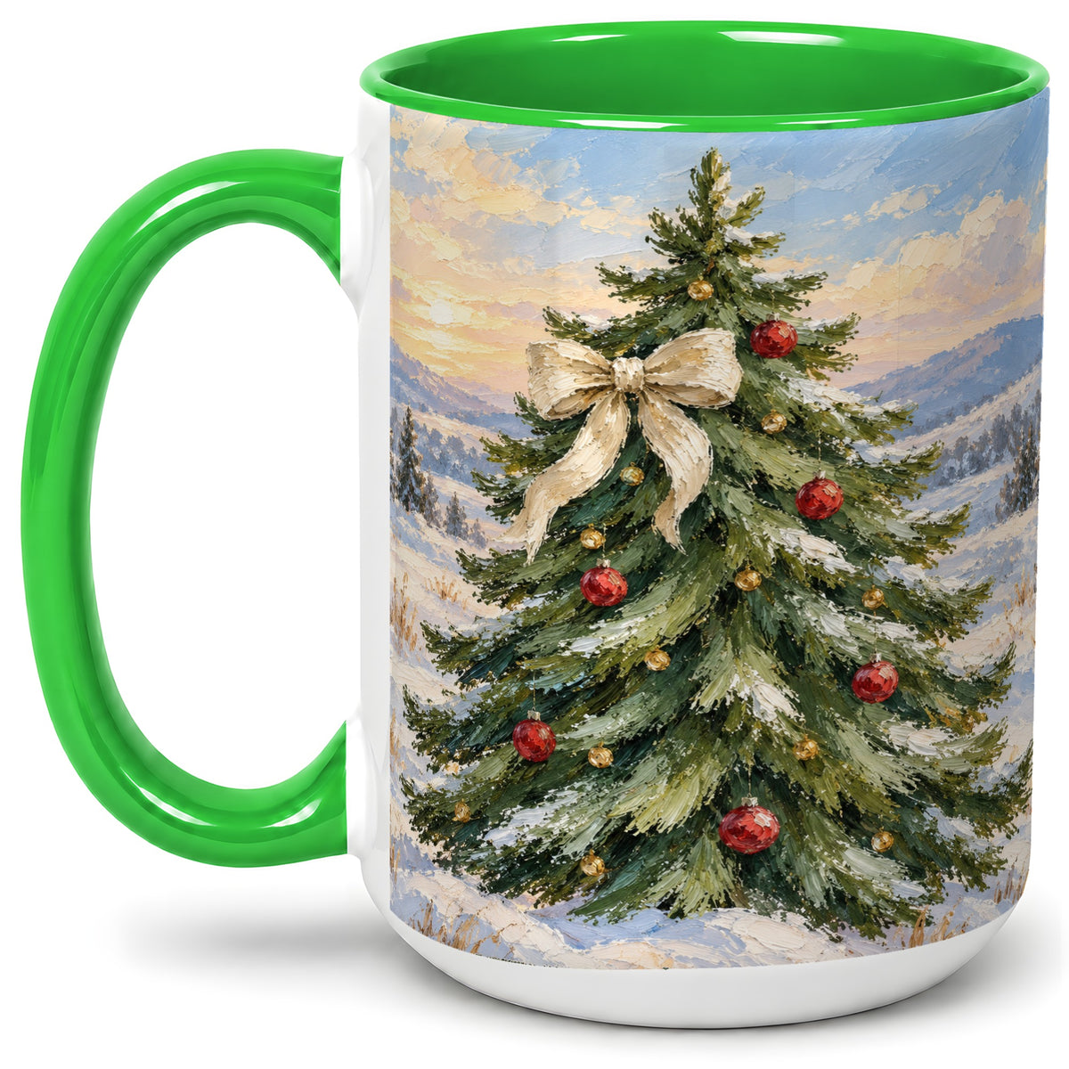 #pl[15oz|Green] Rustic Christmas Tree Accent Mug, Ceramic White Bow Coffee Cup