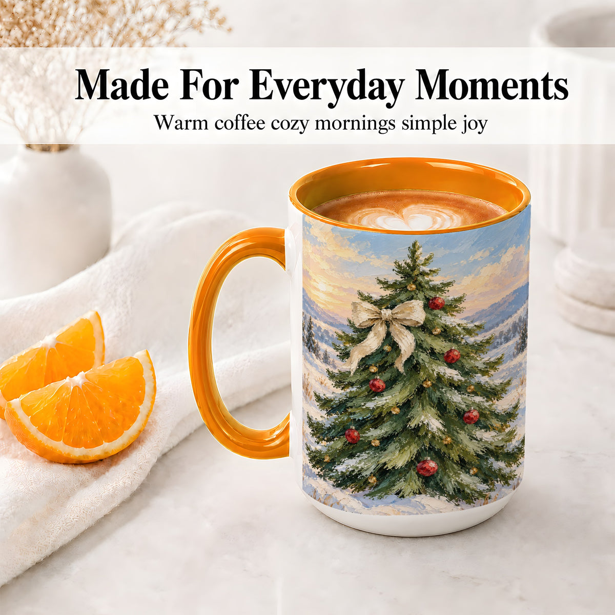 #pl[15oz|Orange] Rustic Christmas Tree Accent Mug, Ceramic White Bow Coffee Cup