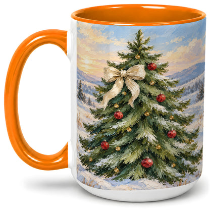 #pl[15oz|Orange] Rustic Christmas Tree Accent Mug, Ceramic White Bow Coffee Cup
