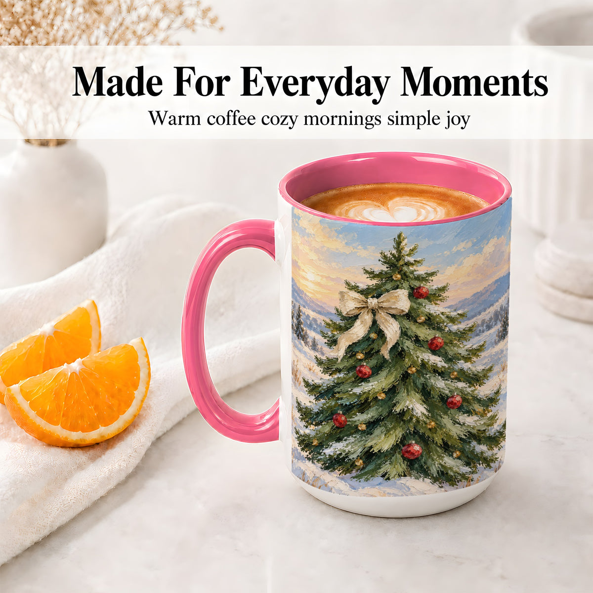 #pl[15oz|Pink] Rustic Christmas Tree Accent Mug, Ceramic White Bow Coffee Cup