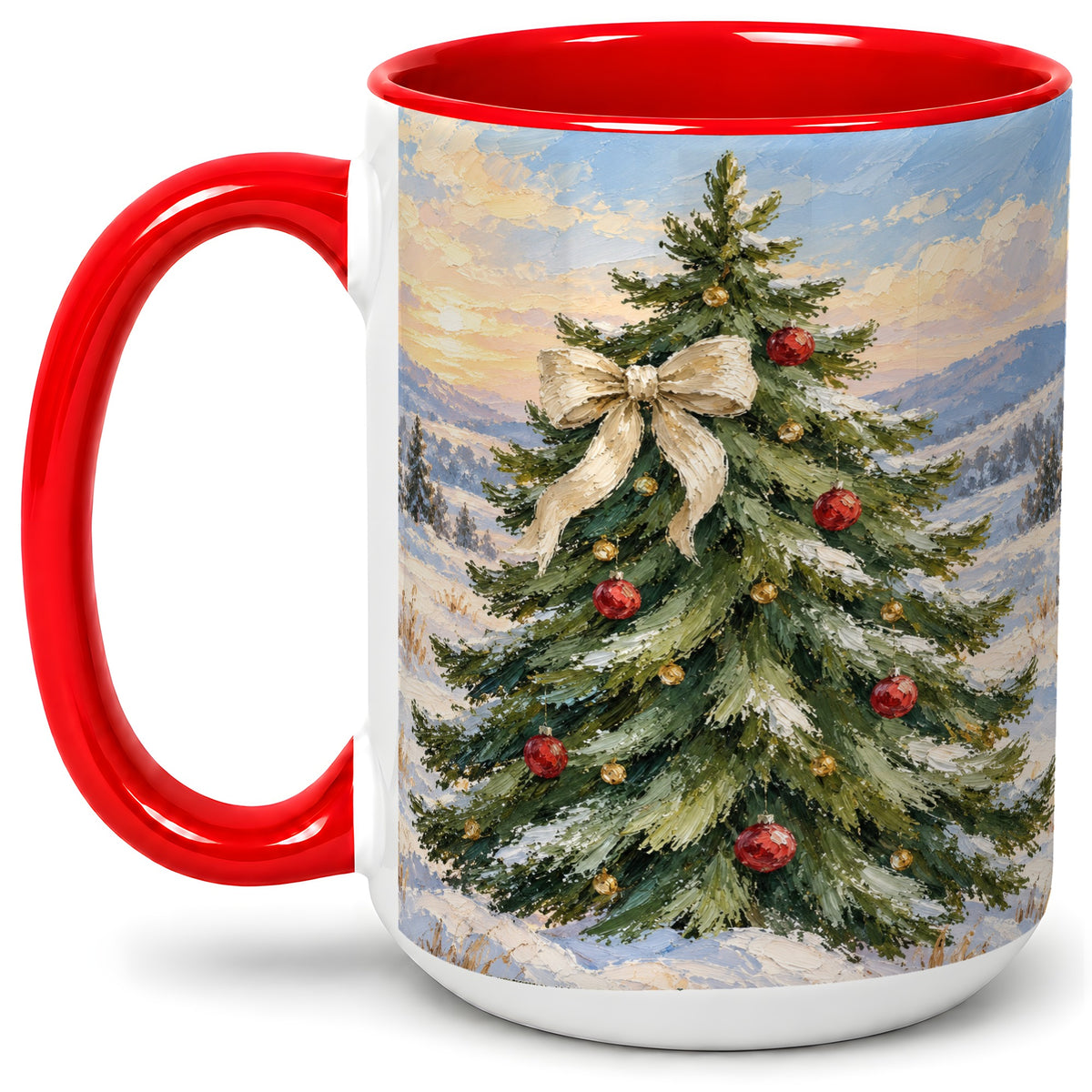 #pl[15oz|Red] Rustic Christmas Tree Accent Mug, Ceramic White Bow Coffee Cup