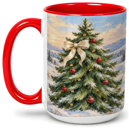 #pl[15oz|Red] Rustic Christmas Tree Accent Mug, Ceramic White Bow Coffee Cup