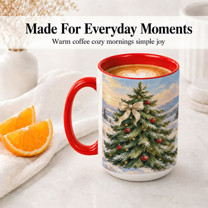 #pl[15oz|Red] Rustic Christmas Tree Accent Mug, Ceramic White Bow Coffee Cup